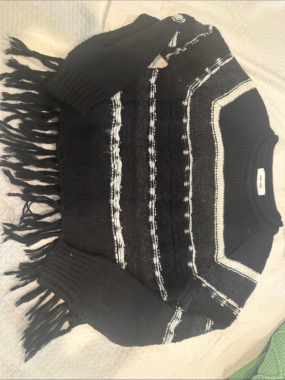 John + Jenn Black and White Fringe Crewneck Sweater